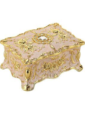 Vintage Metal Jewelry Organizer for Women 4.9" x 3.4" x 2.7"Storage Box Beige